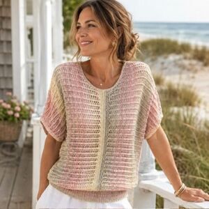 Chico’s Marlene Open Knit Beach Sweater Pink Coral Cream Dolman Size 0